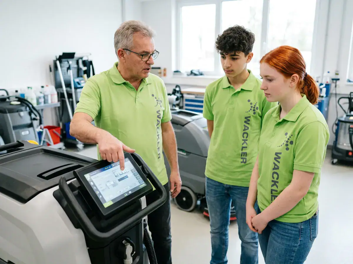 Mitarbeiter erklärt Reinigungsroboter im Schulungsraum.