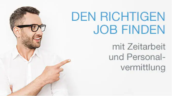 Mann zeigt auf Text über Job finden mit Zeitarbeit und Personalvermittlung.