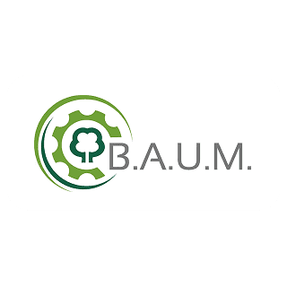 B.A.U.M. Logo mit Gebäudereinigungs-Icon.