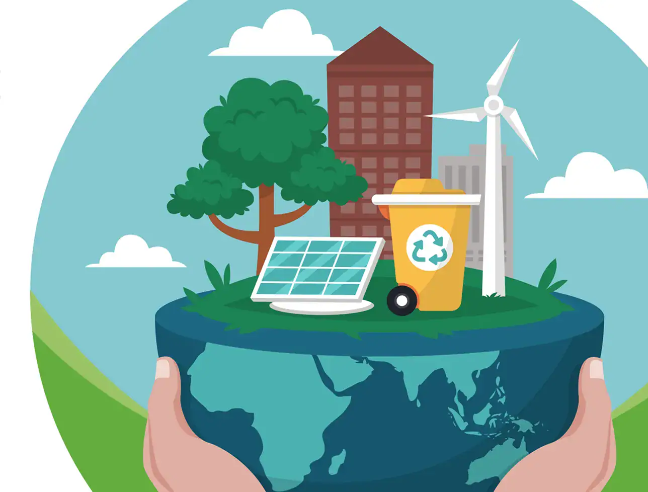 Symbol für nachhaltige Gebäudereinigung mit Solar, Windkraft und Recycling.