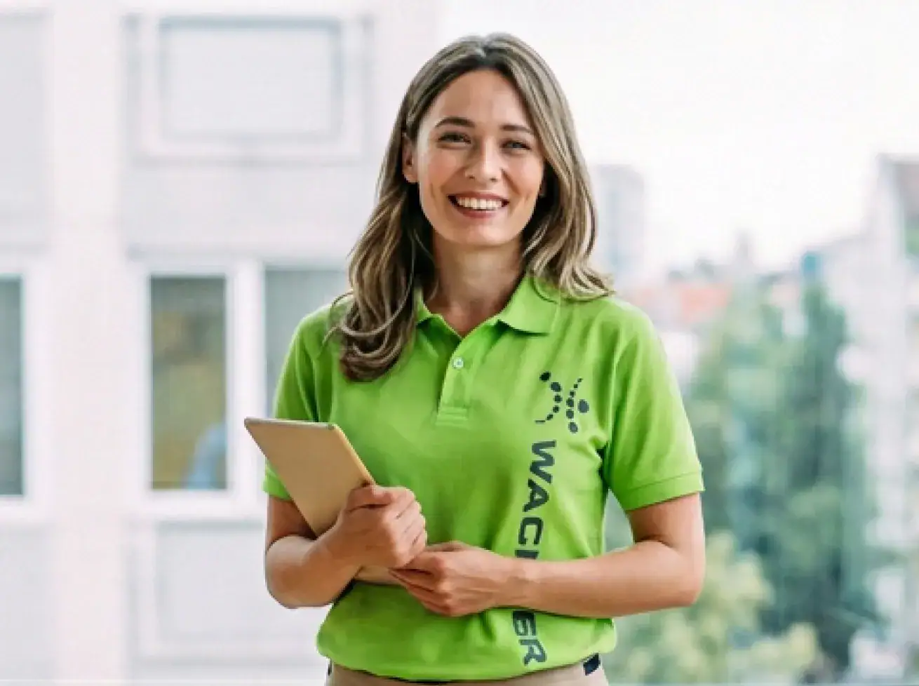 Lächelnde Frau in grüner Wackler Service Group Polo.