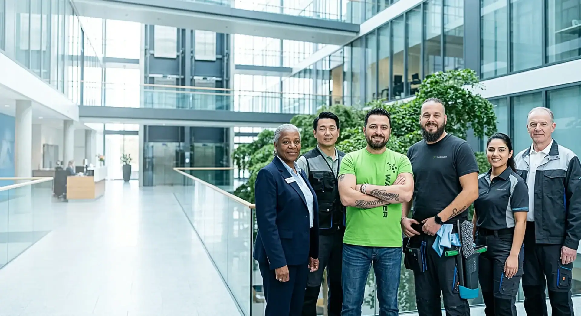 Verschiedene Mitarbeiter der Gebäudereinigung im modernen Bürogebäude.