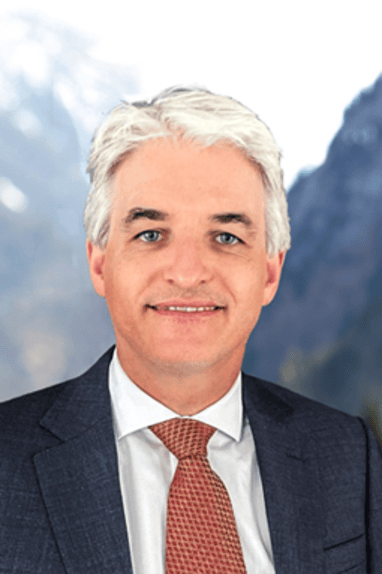 Professioneller Mann in Anzug vor Berglandschaft.