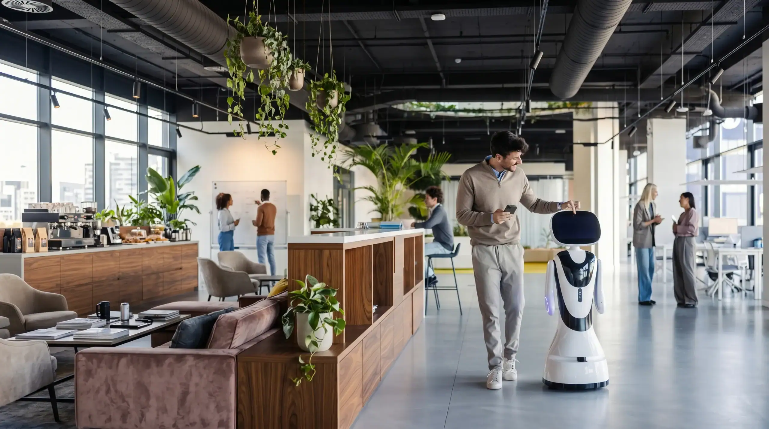 Roboter im modernen Bürogebäude bei Gebäudereinigung und Facility Management.