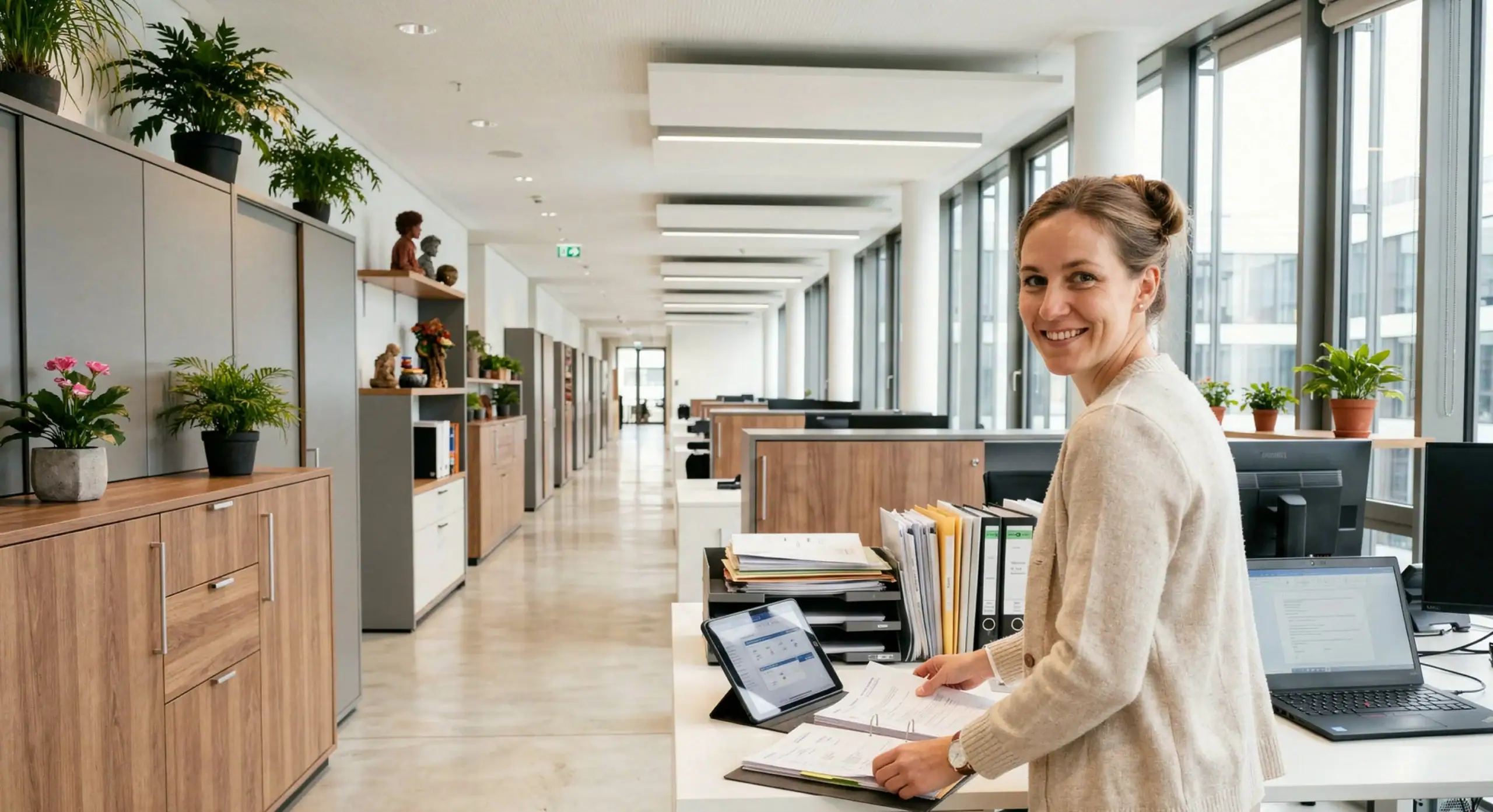 Lächelnde Frau im modernen Büro mit Pflanzen und Arbeitsplätzen.