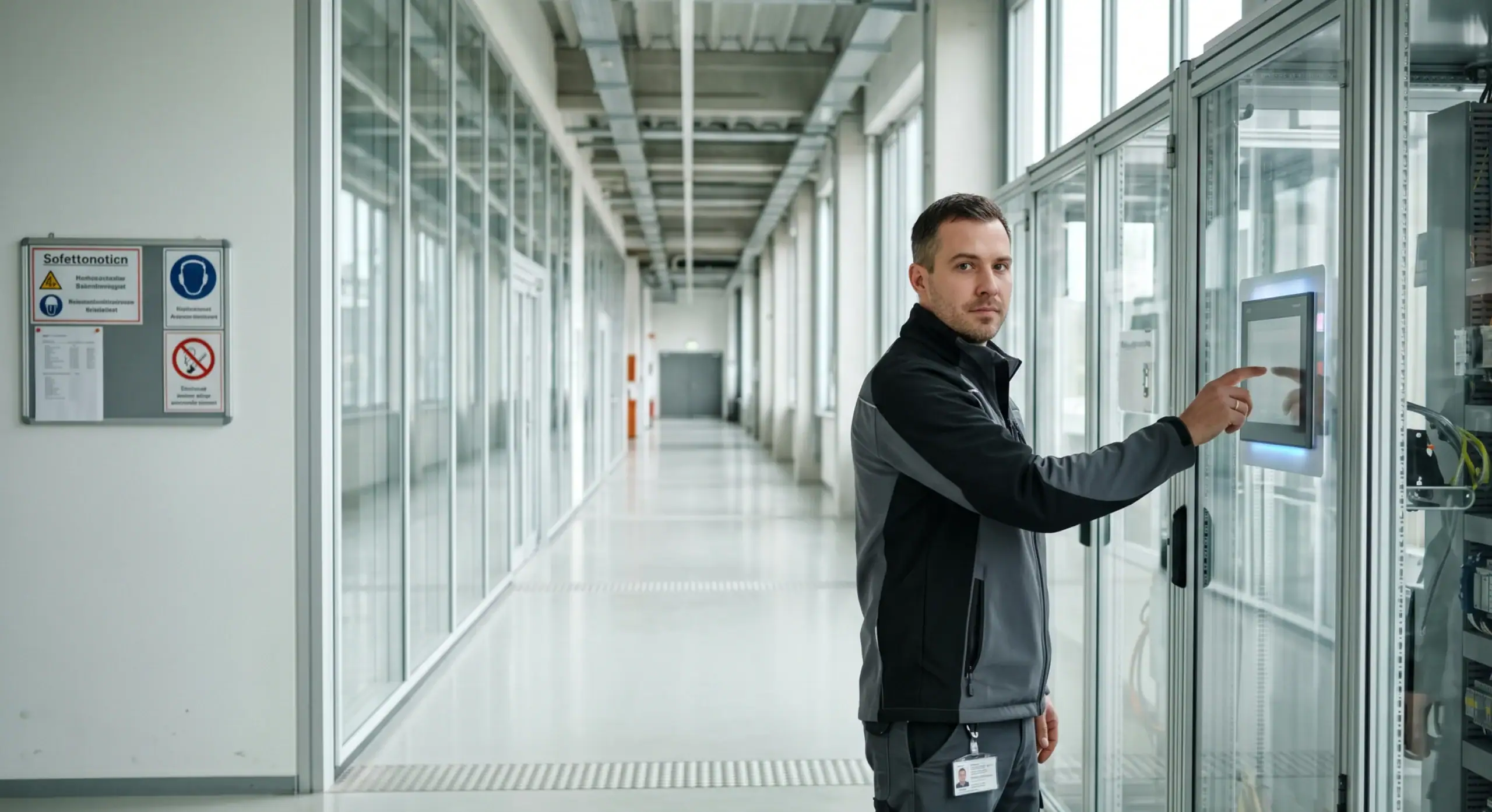 Mann bedient Touchscreen im modernen Bürogebäude.
