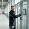 Professioneller Gebäudereiniger bei der Arbeit in einem modernen Bürogebäude.