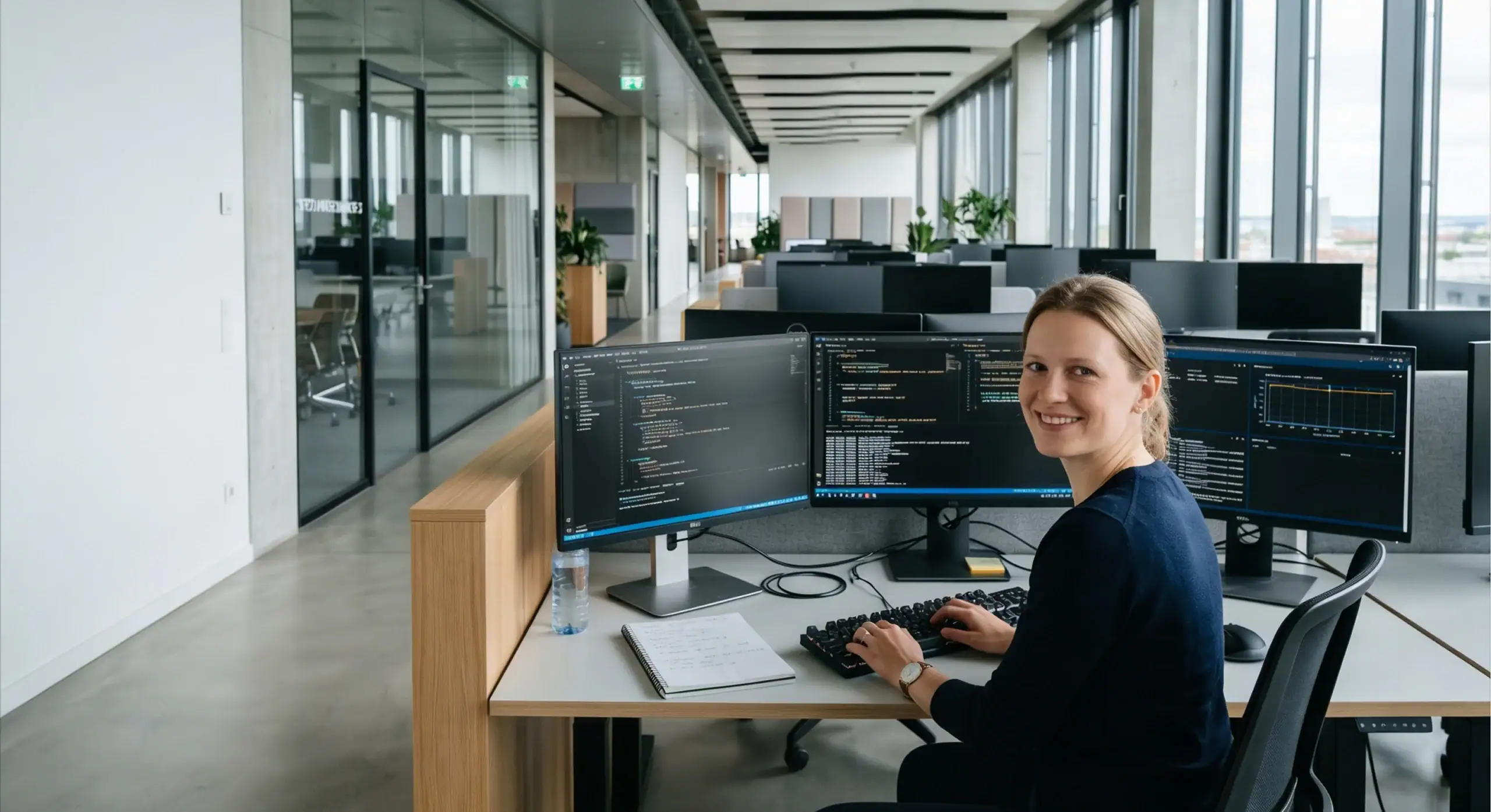Frau arbeitet an mehreren Computern in einem modernen Büro mit großen Fenstern.