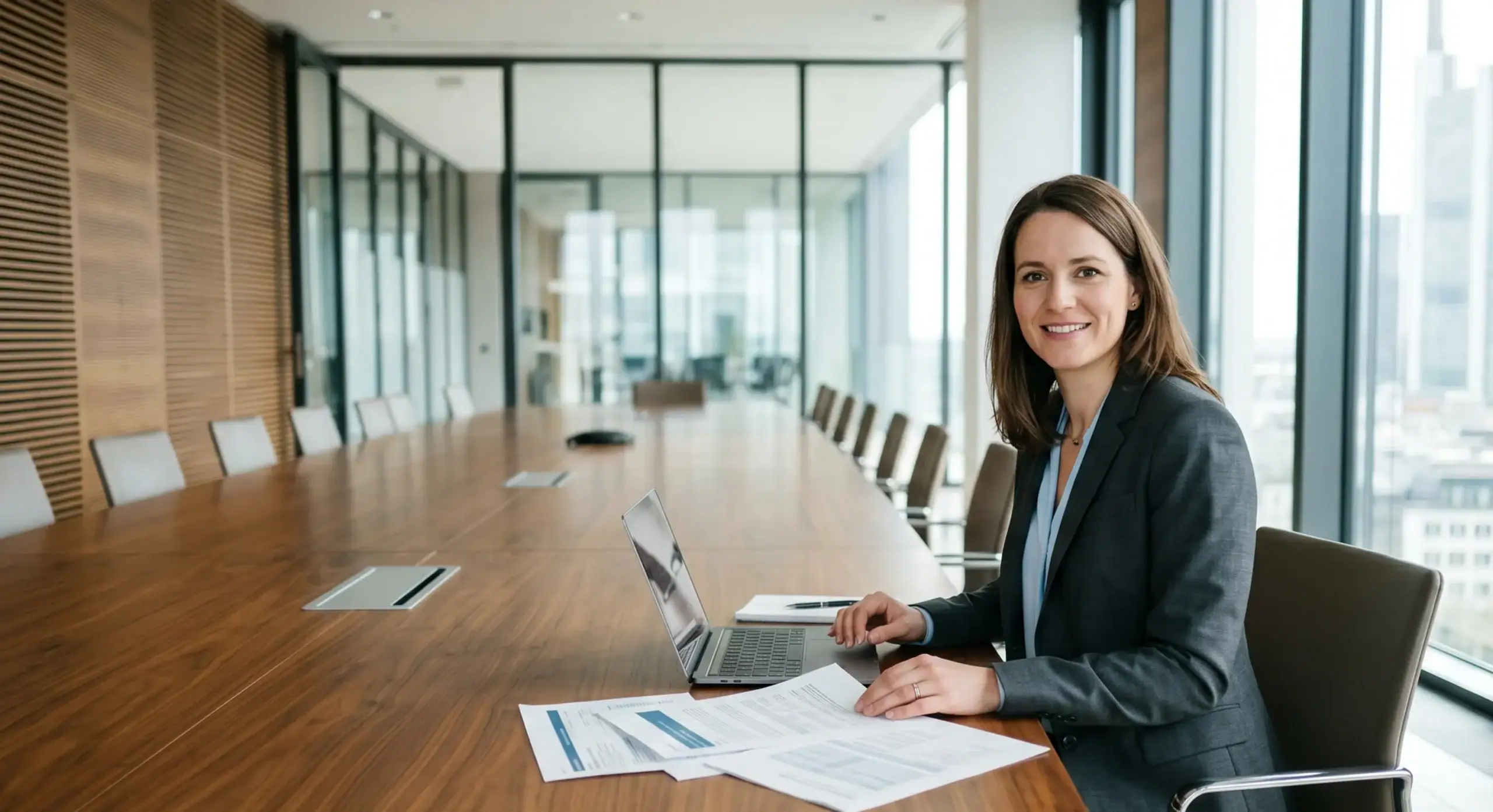 Frau bei Business-Meeting im modernen Konferenzraum mit Laptop und Dokumenten.