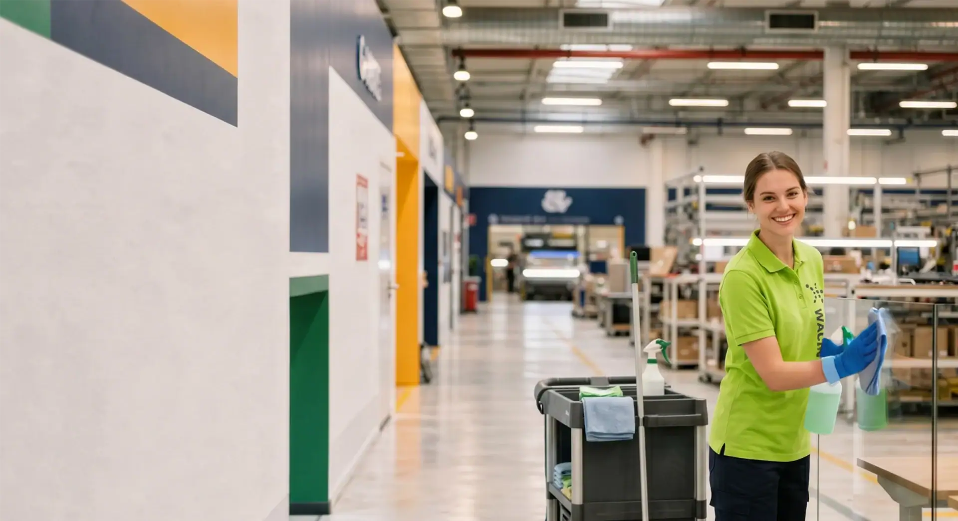 Frau in grüner Arbeitskleidung bei Reinigung in Lagerhalle.