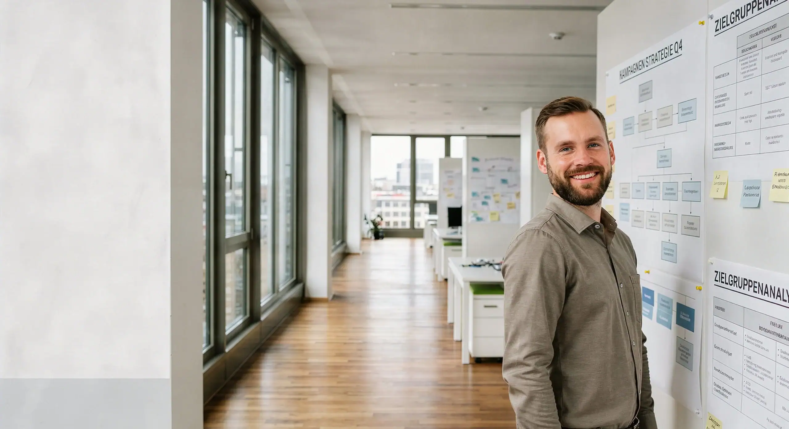 Mann vor Whiteboard mit Projektplänen in Büro.