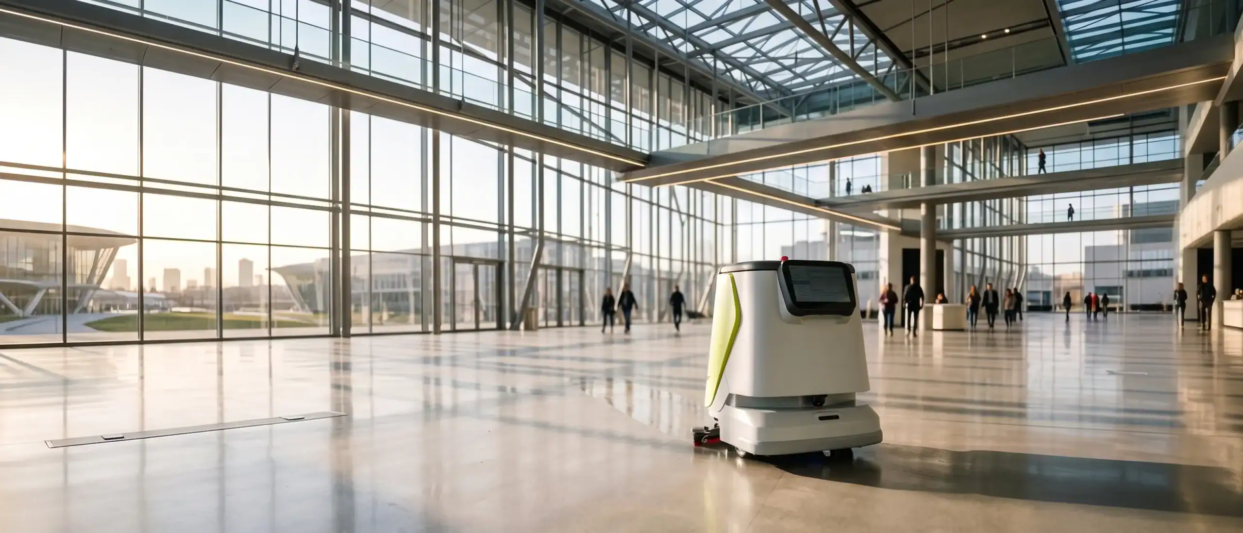 Reinigungsroboter im großen, hellen Flughafenterminal bei Sonnenaufgang.