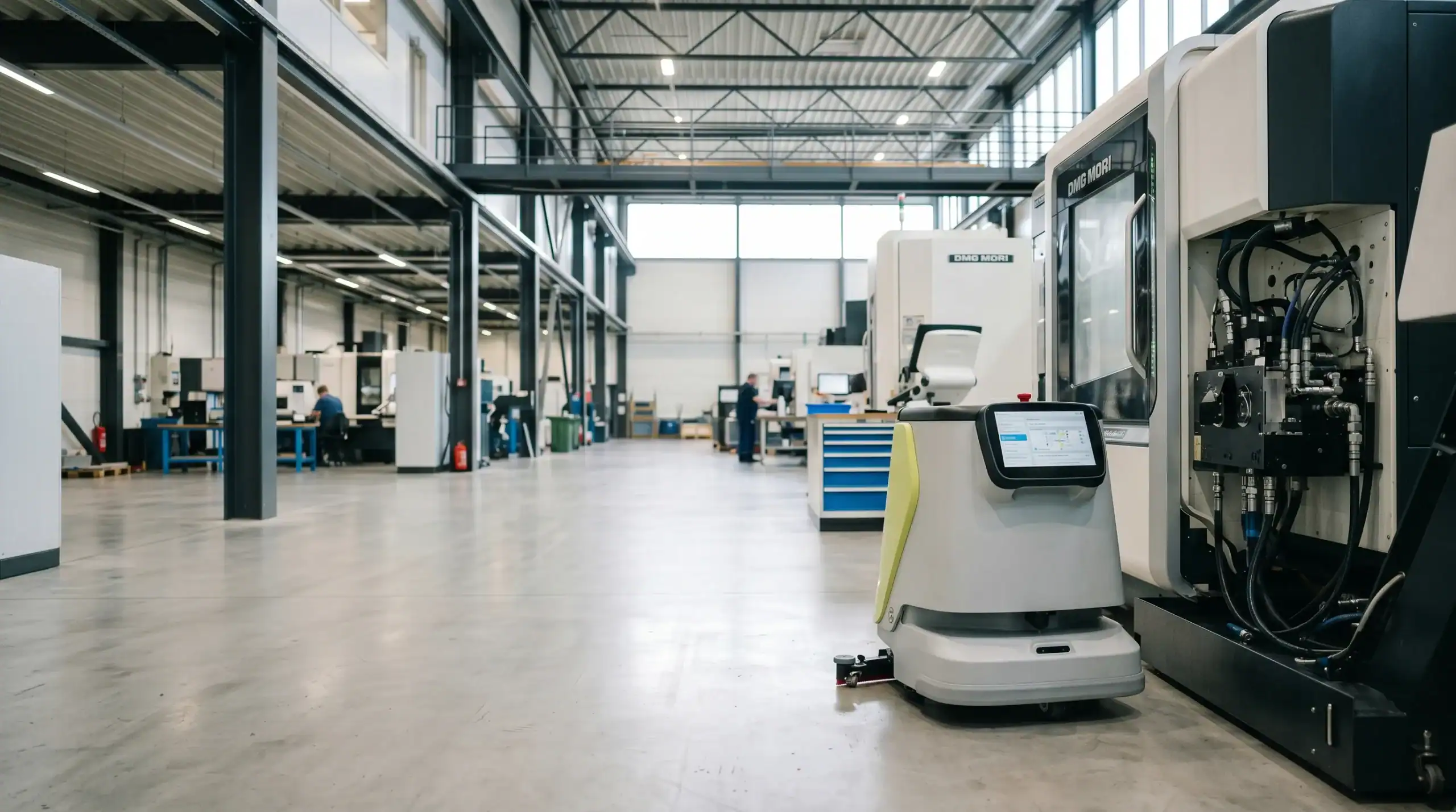 Automatisierte Reinigungsroboter in einer großen Industriehalle im Einsatz.