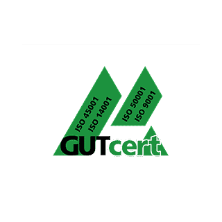 GUTcert Logo mit ISO 45001, 14001, 50001, 9001 Zertifizierungen.