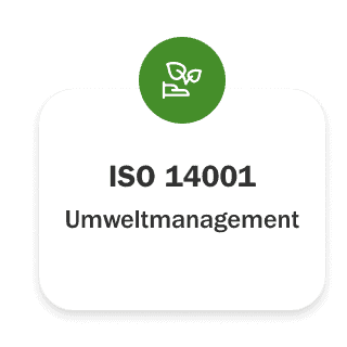 ISO 14001 Umweltmanagement Zertifikat mit Blattsymbol.