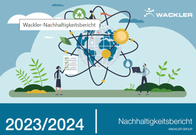 Illustration des Nachhaltigkeitsberichts mit Erde, Recycling-Symbolen und Gebäuden.