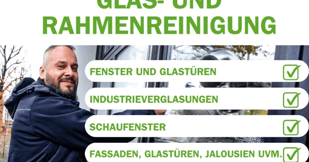 Mitarbeiter bei Glas- und Rahmenreinigung mit Reinigungsgerät.