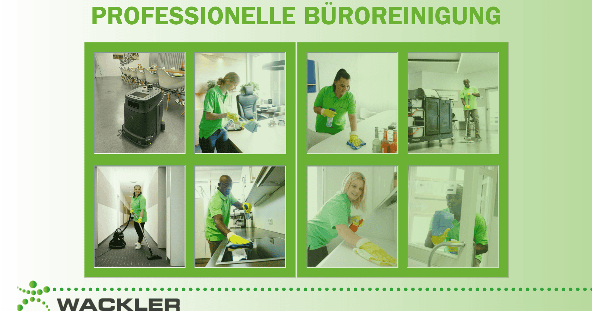 Reinigungskräfte bei der professionellen Büroreinigung in modernen Büroräumen.