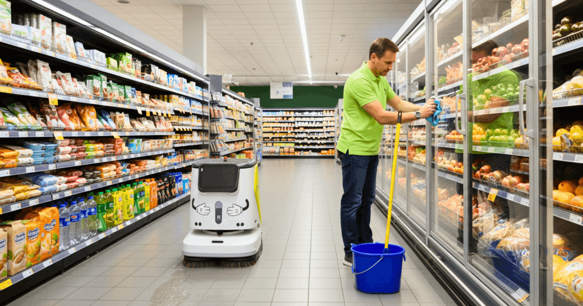 Mitarbeiter reinigt Supermarktregale mit Reinigungsroboter und manuellen Werkzeugen.