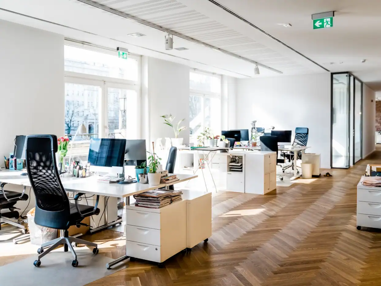 Helles, sauberes Büro mit modernen Arbeitsplätzen und Pflanzen.