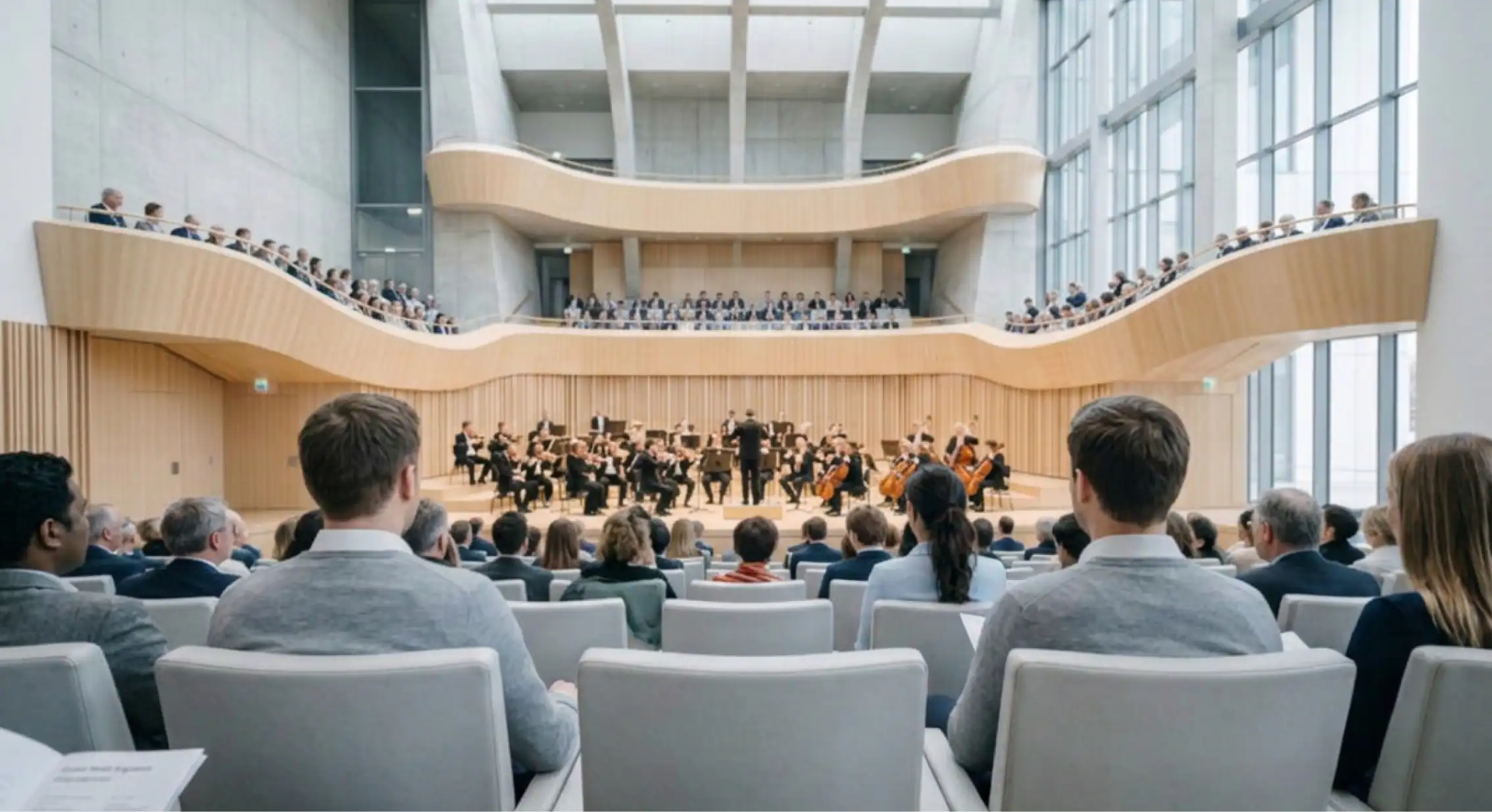 Großer Konzertsaal mit Orchester und Publikum, moderne Architektur.
