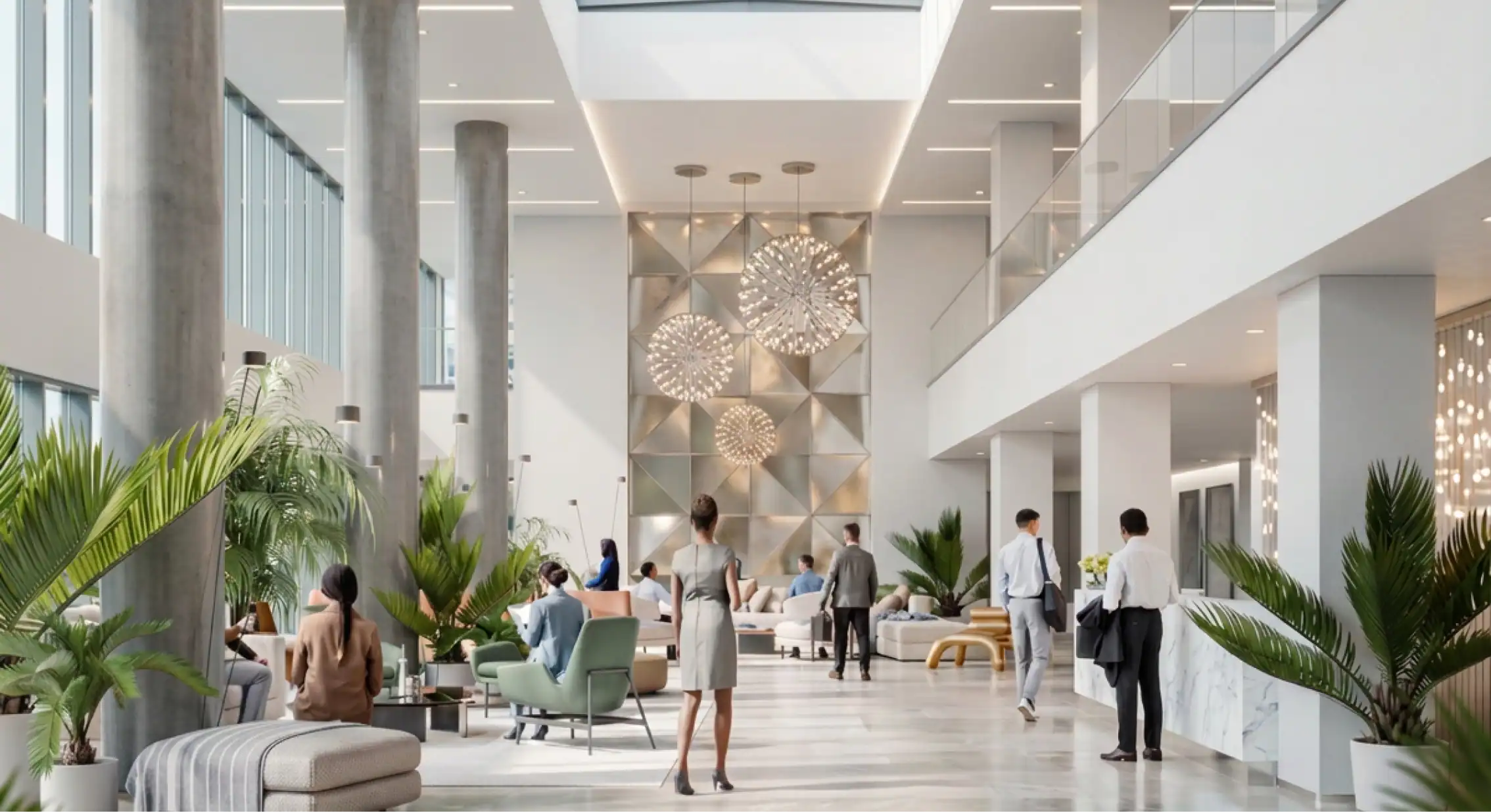 Helles Hotel-Lobby mit Reinigungs- und Servicepersonal.