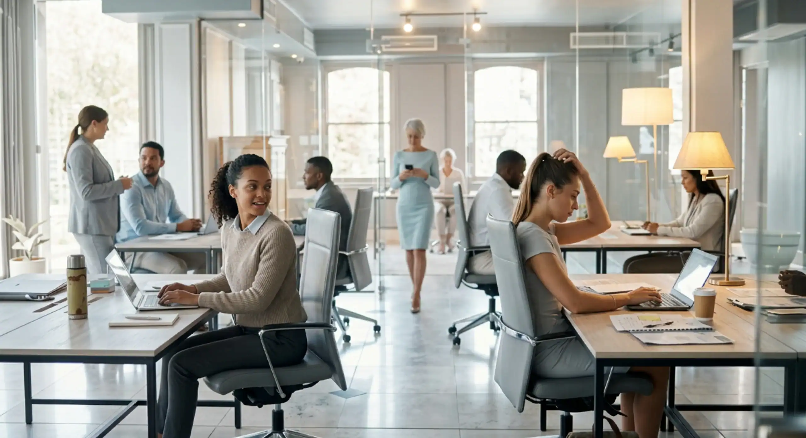 Büro mit Mitarbeitern, die an Tischen arbeiten, und einer Reinigungskraft im Hintergrund.