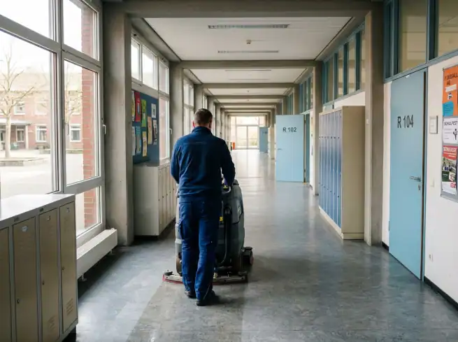 Reinigungskraft reinigt Flur in einer Schule oder öffentlichen Einrichtung.
