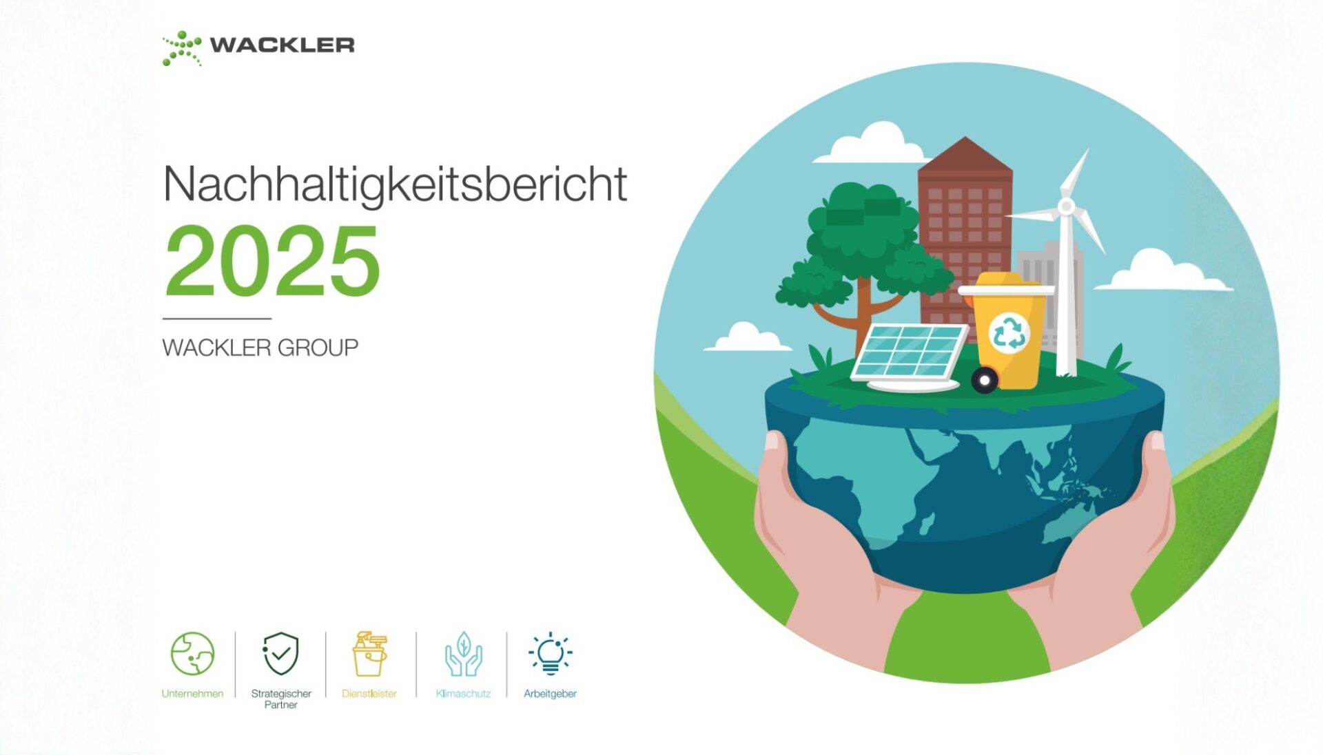 Illustration eines Globus mit nachhaltigen Energielösungen und Gebäuden.