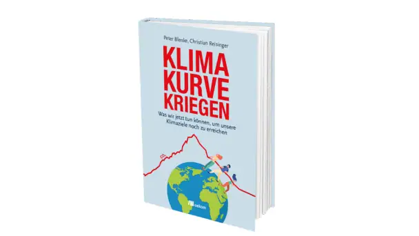 Buchcover mit Klima-Kurve und Erde, Umwelt und Klimaschutz.